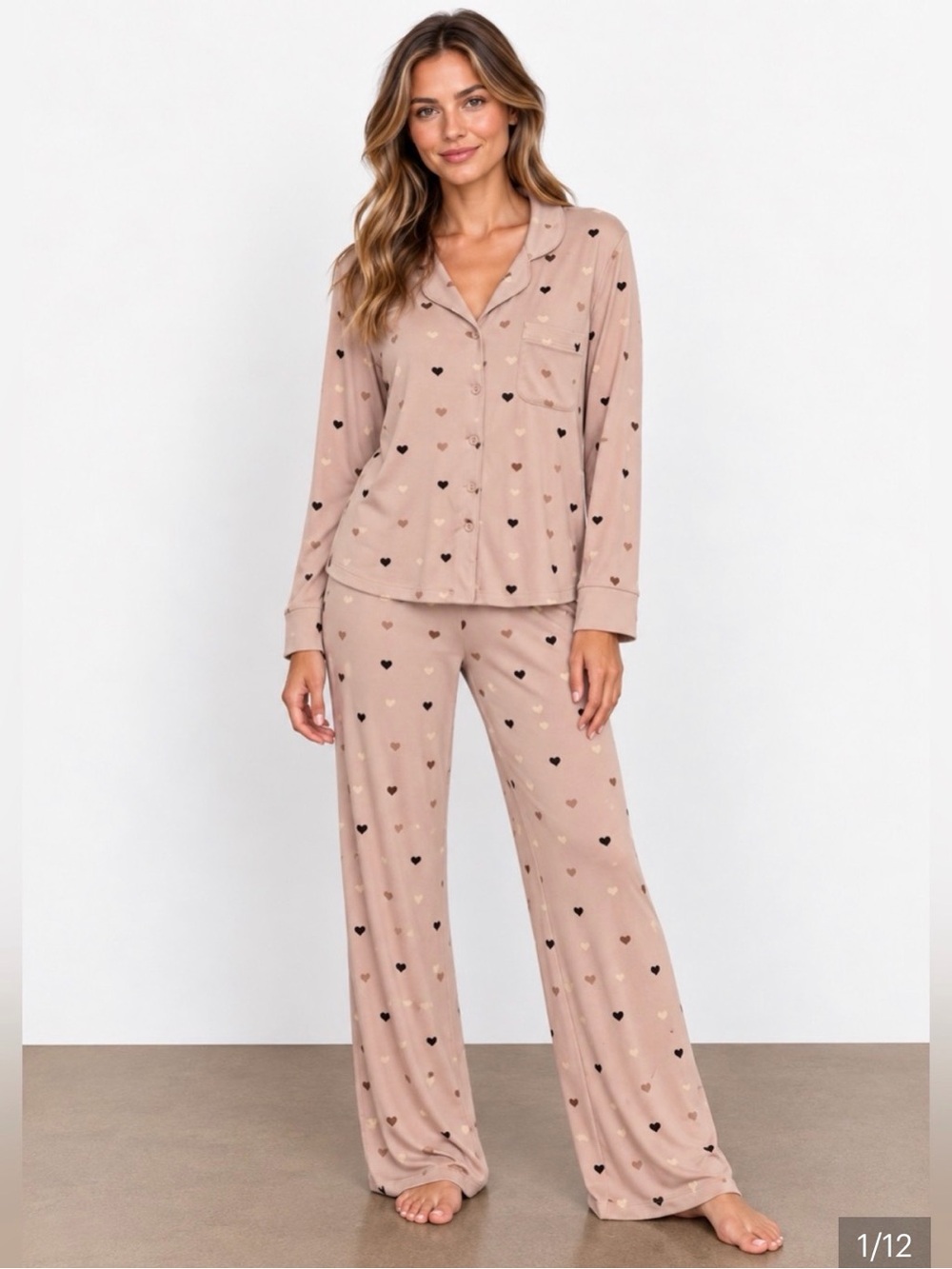 SKIMS Beige Heart-Print Long-Sleeve Pajama Set